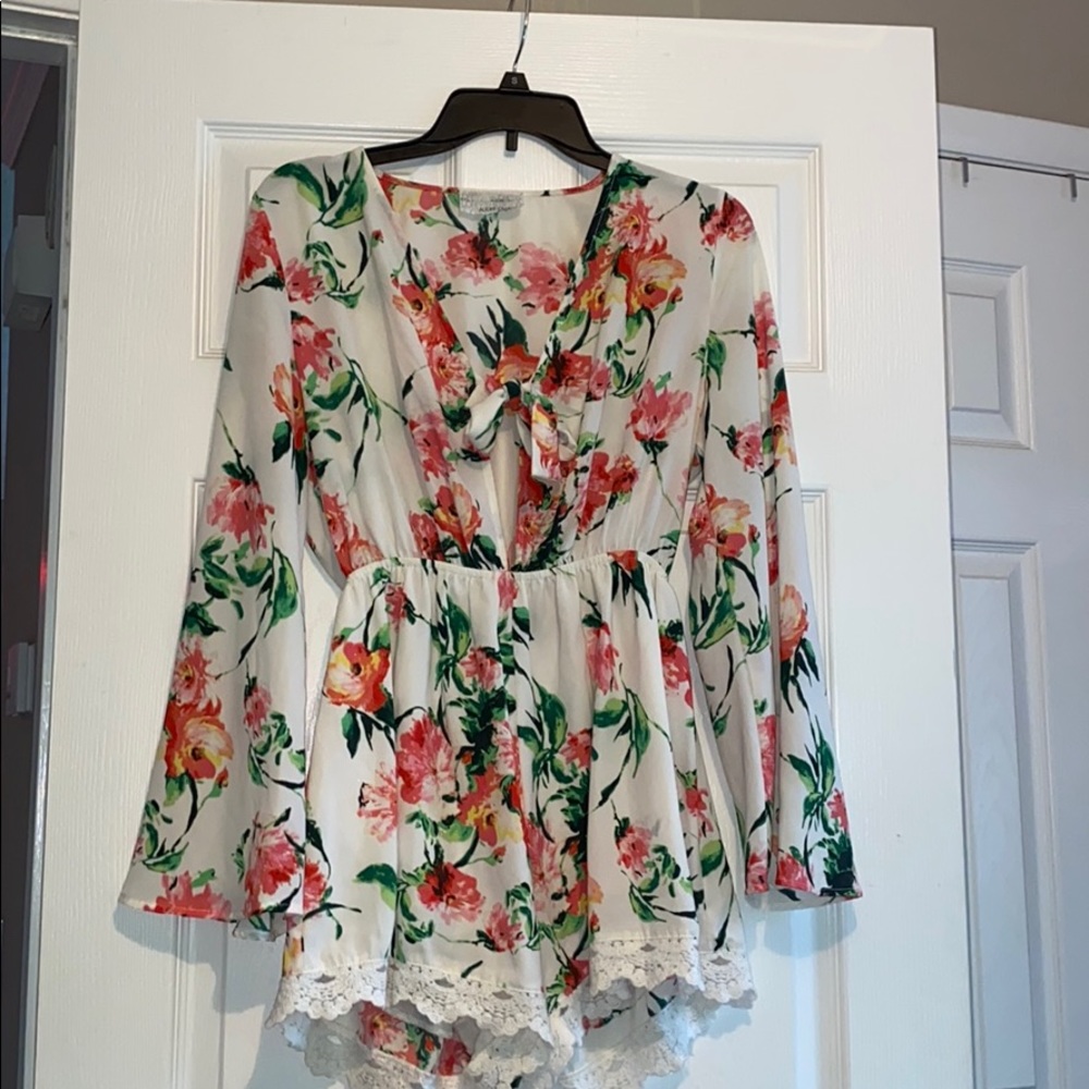 white/floral long sleeve romper